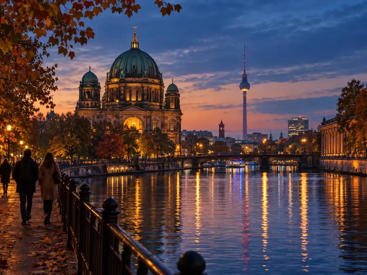 Berliner Dom und Fernsehturm zur blauen Stunde an der Spree (KI-Symbolbild)