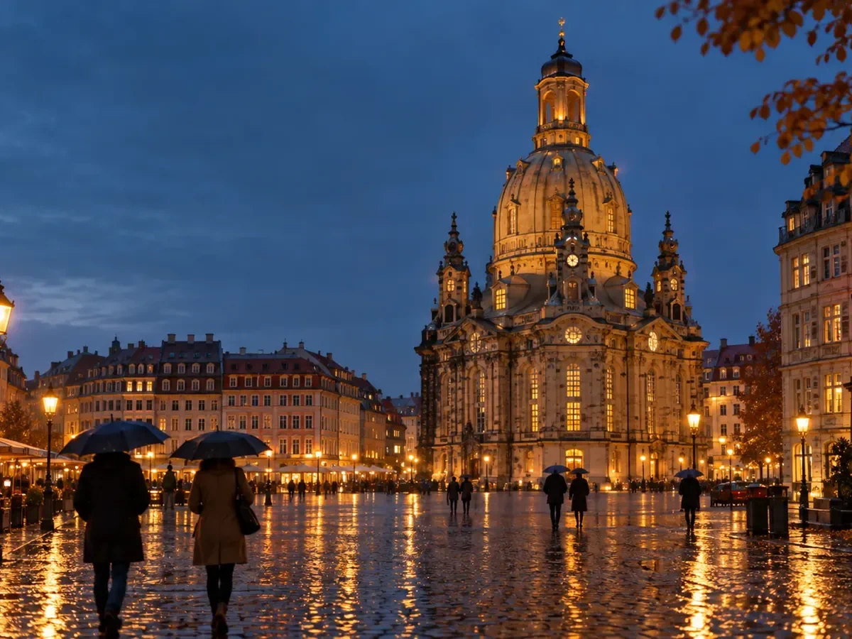 Frauenkirche am Dresdner Neumarkt zur blauen Stunde (KI-Symbolbild)