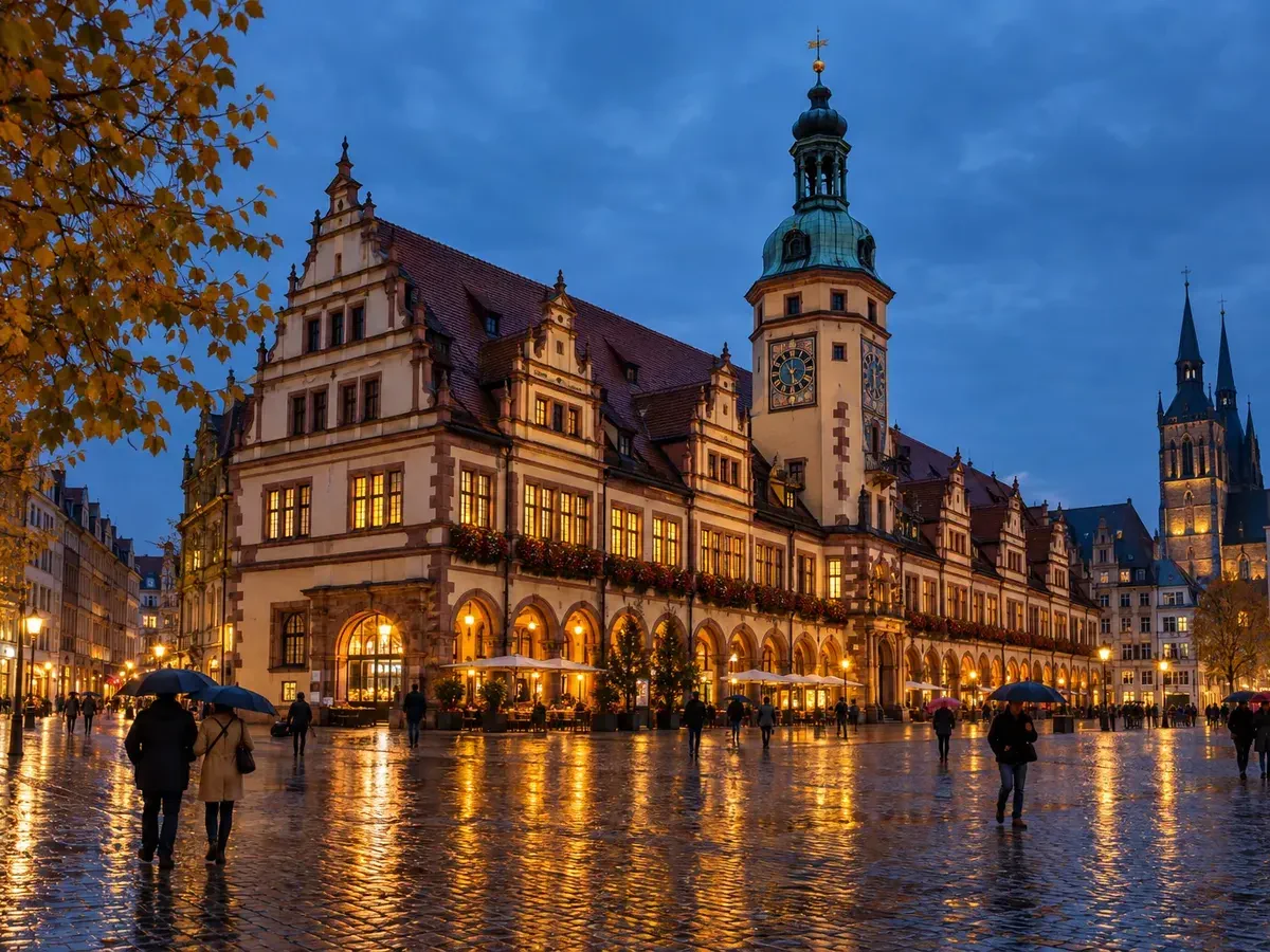 Altes Rathaus am Leipziger Markt zur blauen Stunde (KI-Symbolbild)