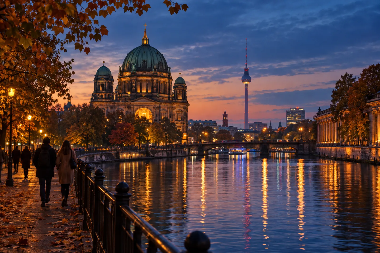 Berliner Dom und Fernsehturm zur blauen Stunde an der Spree (KI-Symbolbild)