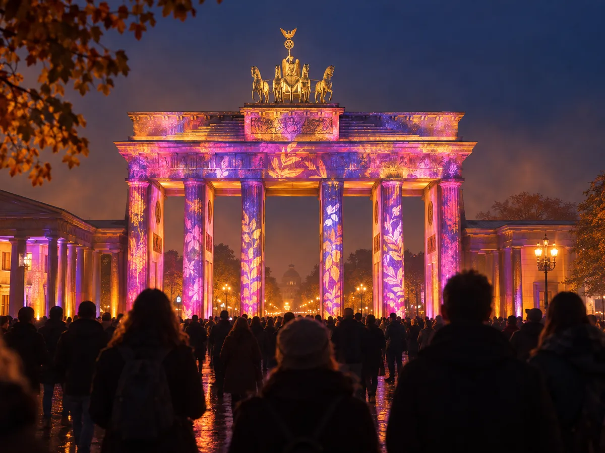 Ein klassizistisches Stadttor in bunter Lichtkunst bei Nacht (KI-Symbolbild)