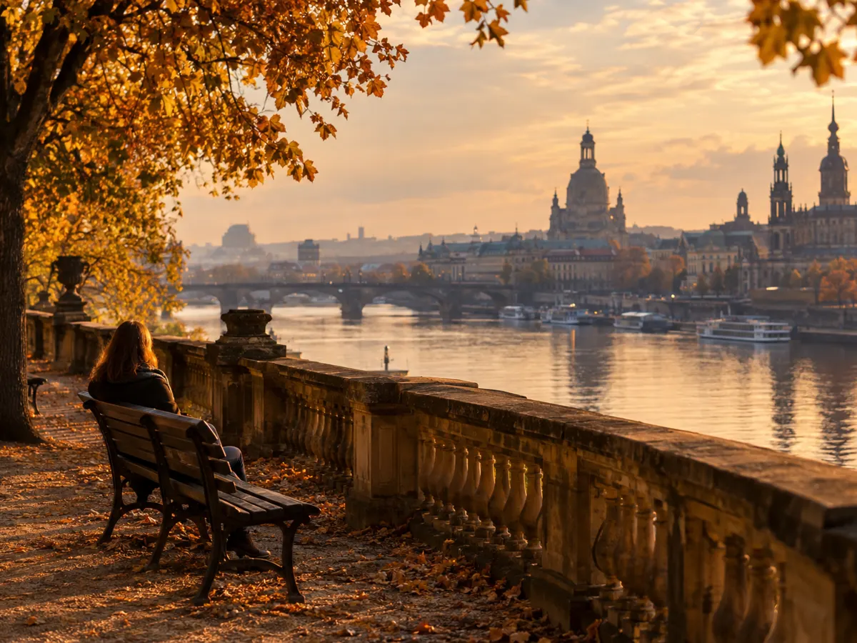 Promenade über der Elbe mit Blick auf die Altstadt im Herbst (KI-Symbolbild)