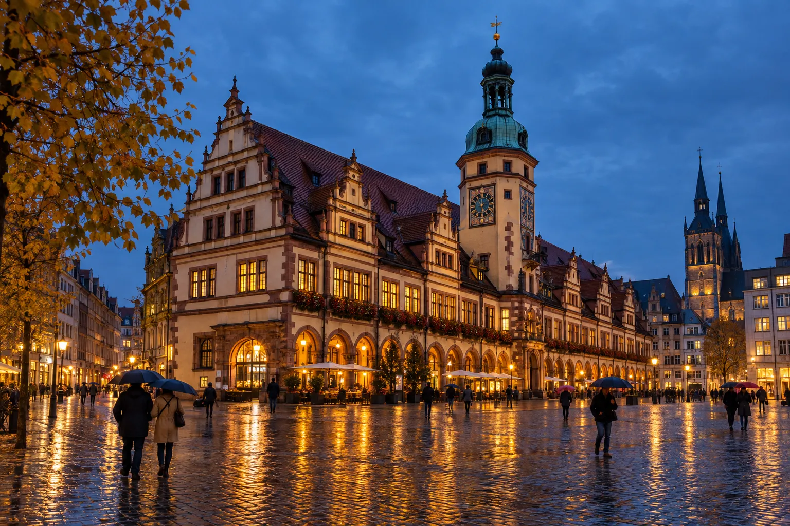 Altes Rathaus am Leipziger Markt zur blauen Stunde bei Regen (KI-Symbolbild)