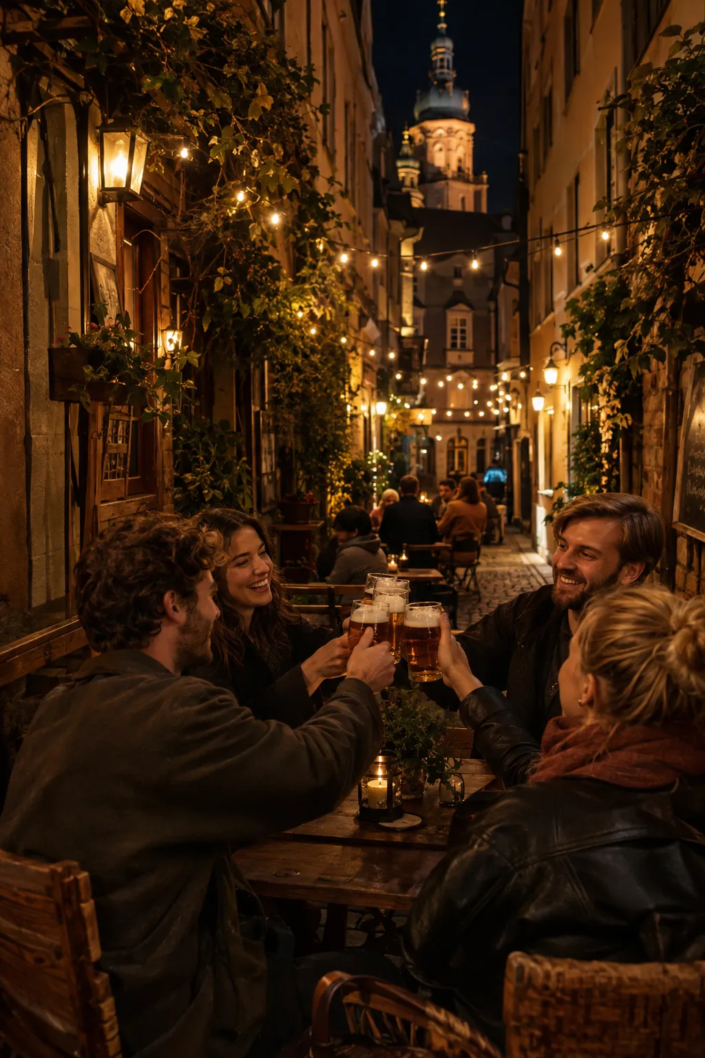 Gasse mit Kneipentischen bei Nacht (KI-Symbolbild)